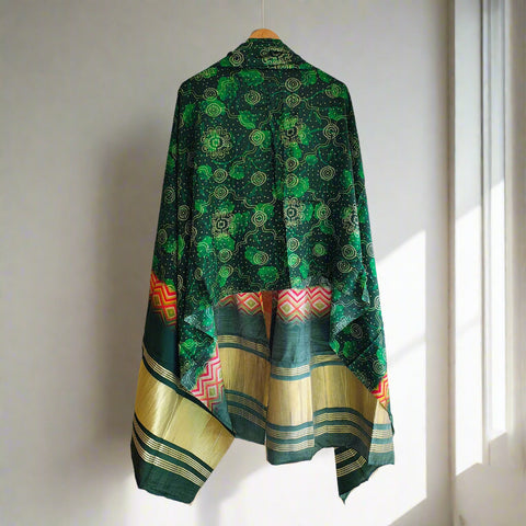 India Scarves Traditional Semi Gaji Silk Dupatta, Multi Color with Bandhani Print and Jari Gold Border( Green color)