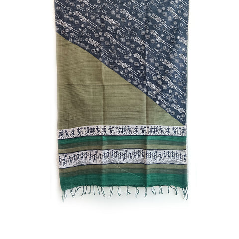 Bastar Tribal Art Kosa Silk Handloom Dupatta: Block Printed Fish Motifs, Deers, Trabal Culture