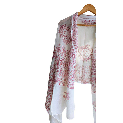 India Scarf Rayon Sarong with Hand-Printed Om Motifs( White And Pink )
