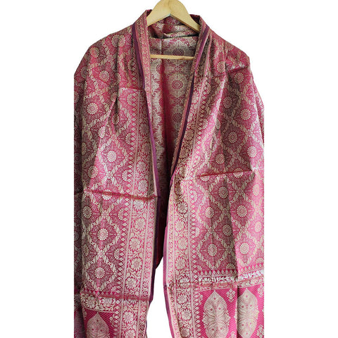 India scarves Banarasi Brocade with Floral Grid, Ornamental Border, and Tassel Finish