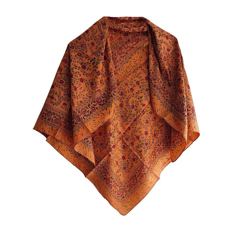 India Scarves Floral Paisley Print Silk Scarf, Light Weight Square Neck Wrap,  Border Pattern, 100x100 cm