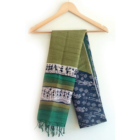 Bastar Tribal Art Kosa Silk Handloom Dupatta: Block Printed Fish Motifs, Deers, Trabal Culture