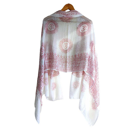 India Scarf Rayon Sarong with Hand-Printed Om Motifs( White And Pink )