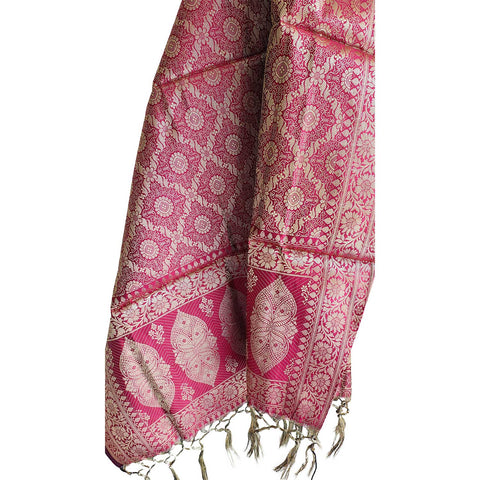 India scarves Banarasi Brocade with Floral Grid, Ornamental Border, and Tassel Finish