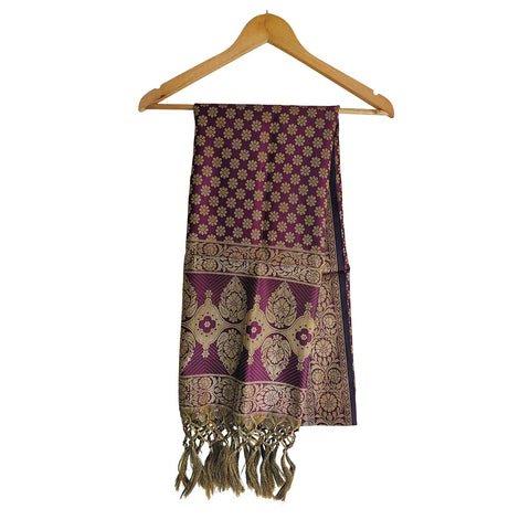India scarves Banarasi Brocade with Floral Grid, Ornamental Border, and Tassel Finish