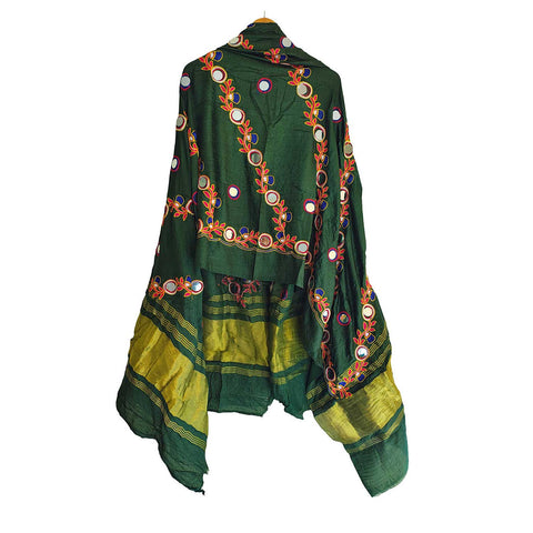 Handcrafted Purple Silk Dupatta with Gold Border, Floral Embroidered Mirror Work, Traditional Indian Scarf