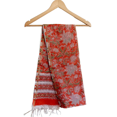 India Scarves Bagru Hand Block Floral Kota Doria silk cotton Dupatta(orange)