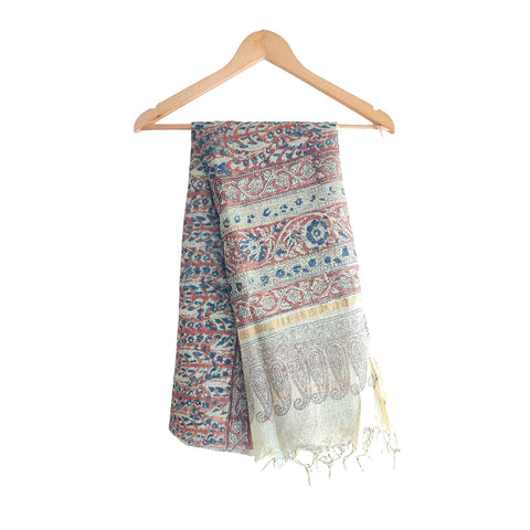 India Scarves Kota Doria Kalamkari Cotton Silk Red And Blue Colour Floral Dupatta