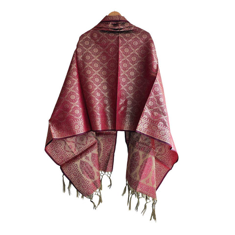 India scarves Banarasi Brocade with Floral Grid, Ornamental Border, and Tassel Finish