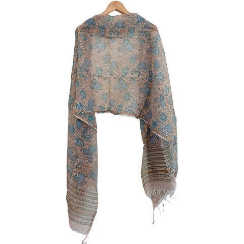 India Scarves Kota Doria Cotton Silk Grey and Blue Floral Dupatta
