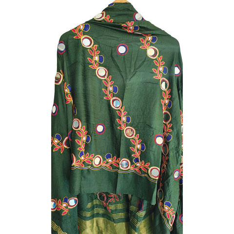 Handcrafted Purple Silk Dupatta with Gold Border, Floral Embroidered Mirror Work, Traditional Indian Scarf