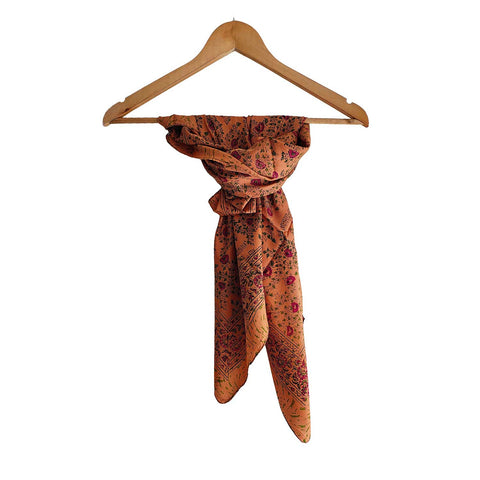 India Scarves Floral Paisley Print Silk Scarf, Light Weight Square Neck Wrap,  Border Pattern, 100x100 cm