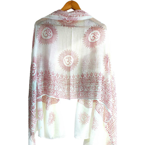 India Scarf Rayon Sarong with Hand-Printed Om Motifs( White And Pink )