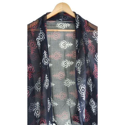 India Scarves Bagru Hand Block Floral kota Doria silk cotton Dupatta (Black)
