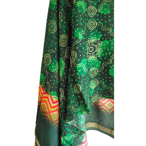 India Scarves Traditional Semi Gaji Silk Dupatta, Multi Color with Bandhani Print and Jari Gold Border( Green color)