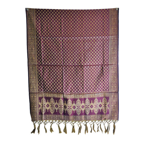 India scarves Banarasi Brocade with Floral Grid, Ornamental Border, and Tassel Finish
