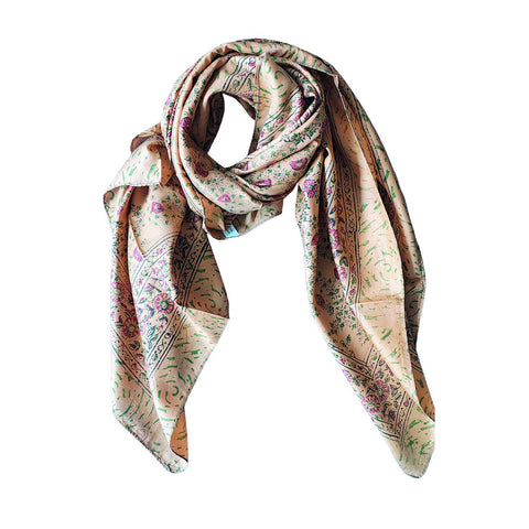 India Scarves Floral Paisley Print Silk Scarf, Light Weight Square Neck Wrap,  Border Pattern, 100x100 cm