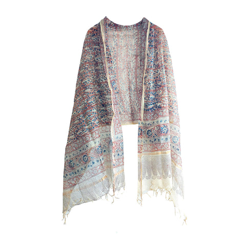 India Scarves Kota Doria Kalamkari Cotton Silk Red And Blue Colour Floral Dupatta