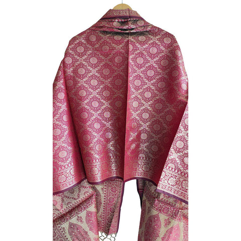 India scarves Banarasi Brocade with Floral Grid, Ornamental Border, and Tassel Finish