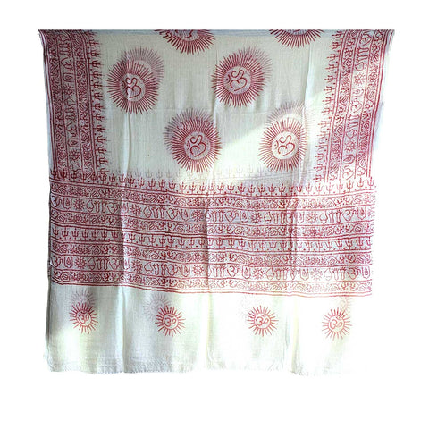 India Scarf Rayon Sarong with Hand-Printed Om Motifs( White And Pink )
