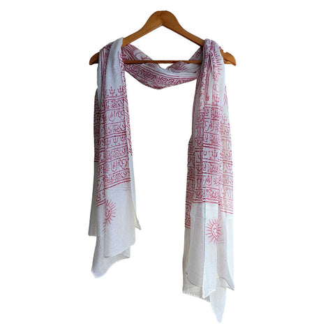 India Scarf Rayon Sarong with Hand-Printed Om Motifs( White And Pink )