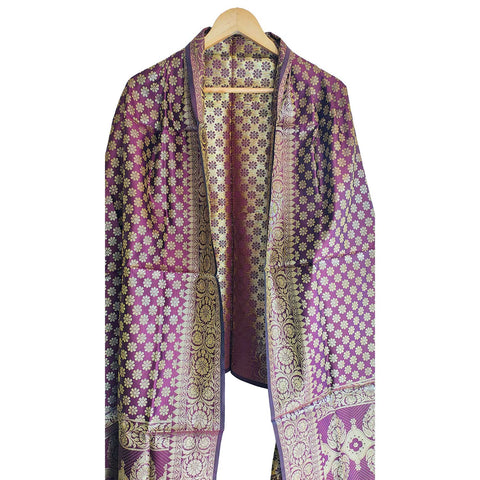 India scarves Banarasi Brocade with Floral Grid, Ornamental Border, and Tassel Finish