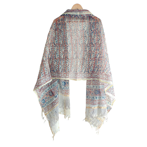 India Scarves Kota Doria Kalamkari Cotton Silk Red And Blue Colour Floral Dupatta