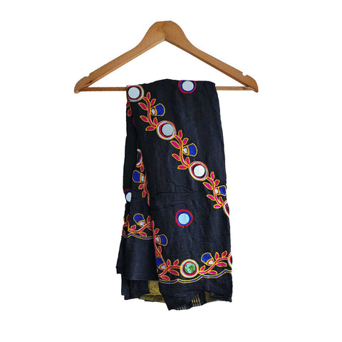 Handcrafted Purple Silk Dupatta with Gold Border, Floral Embroidered Mirror Work, Traditional Indian Scarf