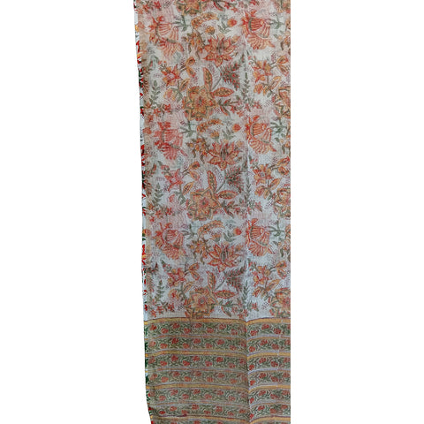 India Scarves Bagru Hand Block Floral kota Doria silk cotton Dupatta(white and orange)