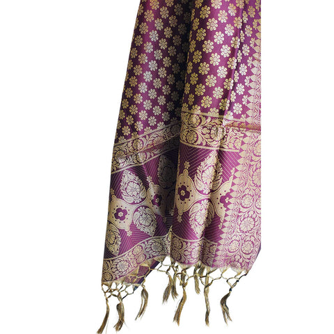 India scarves Banarasi Brocade with Floral Grid, Ornamental Border, and Tassel Finish