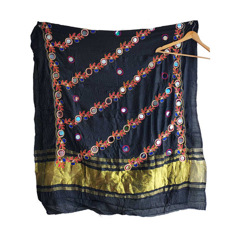 Handcrafted Purple Silk Dupatta with Gold Border, Floral Embroidered Mirror Work, Traditional Indian Scarf
