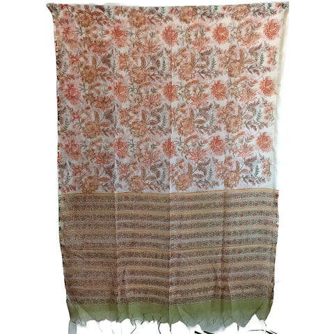 India Scarves Bagru Hand Block Floral kota Doriya silk cotton Dupatta(white and orange)