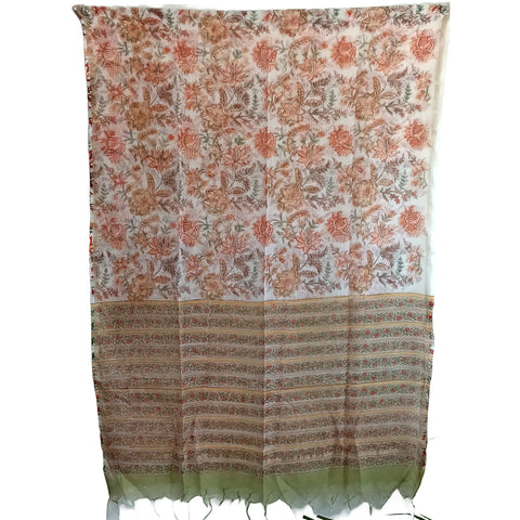 India Scarves Bagru Hand Block Floral kota Doria silk cotton Dupatta(white and orange)