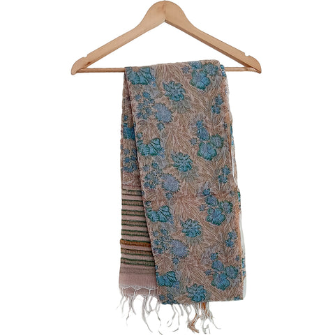 India Scarves Kota Doria Cotton Silk Grey and Blue Floral Dupatta