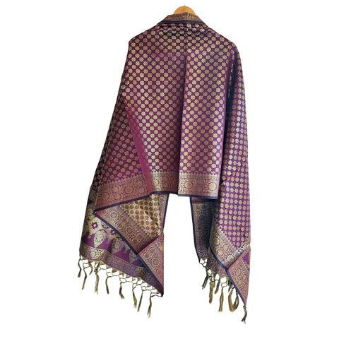 India scarves Banarasi Brocade with Floral Grid, Ornamental Border, and Tassel Finish