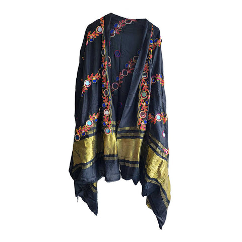 Handcrafted Purple Silk Dupatta with Gold Border, Floral Embroidered Mirror Work, Traditional Indian Scarf