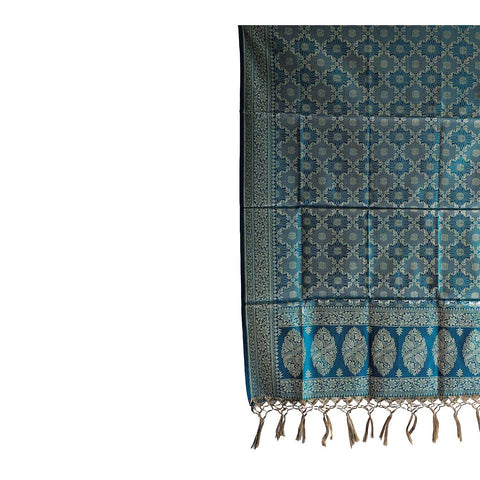 India scarves Banarasi Brocade with Floral Grid, Ornamental Border, and Tassel Finish