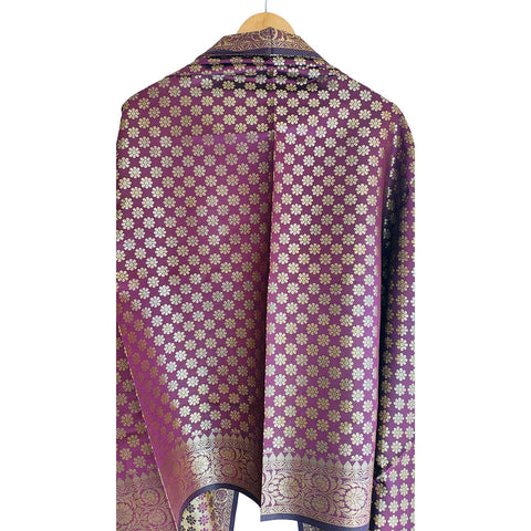 India scarves Banarasi Brocade with Floral Grid, Ornamental Border, and Tassel Finish