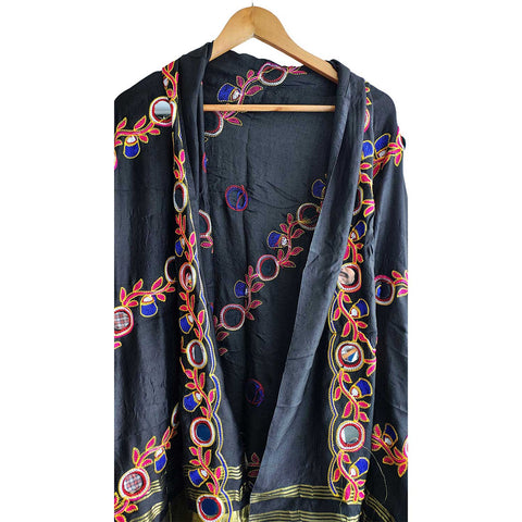 Handcrafted Purple Silk Dupatta with Gold Border, Floral Embroidered Mirror Work, Traditional Indian Scarf