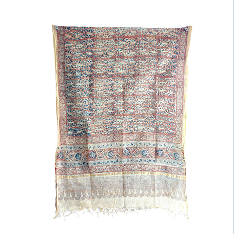 India Scarves Kota Doria Kalamkari Cotton Silk Red And Blue Colour Floral Dupatta