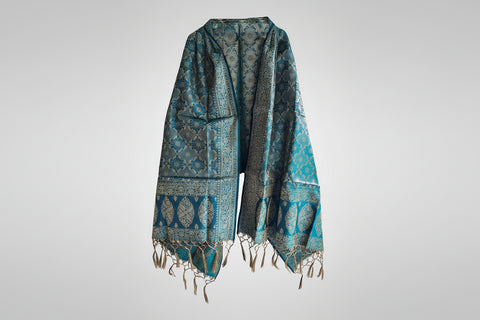 India scarves Banarasi Brocade with Floral Grid, Ornamental Border, and Tassel Finish