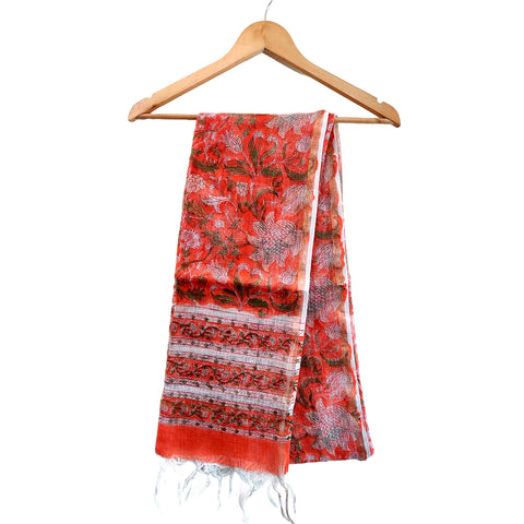 Kota Doria Cotton Silk Orange Floral Hand Block Printed Duptta