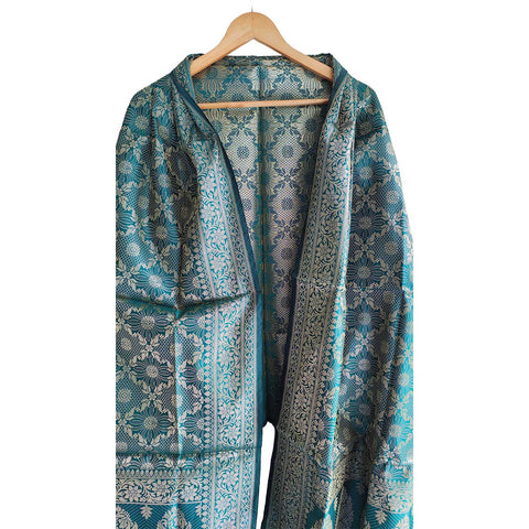 India scarves Banarasi Brocade with Floral Grid, Ornamental Border, and Tassel Finish