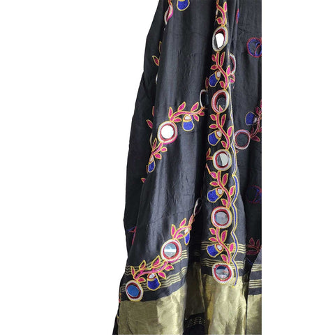 Handcrafted Purple Silk Dupatta with Gold Border, Floral Embroidered Mirror Work, Traditional Indian Scarf