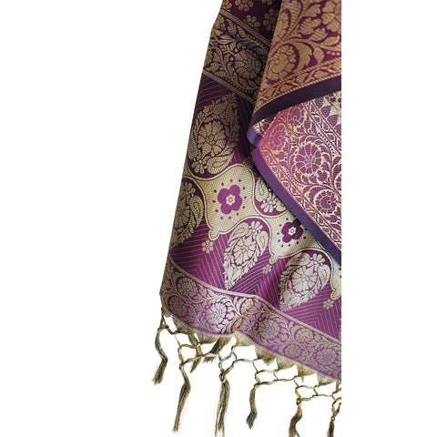 India scarves Banarasi Brocade with Floral Grid, Ornamental Border, and Tassel Finish