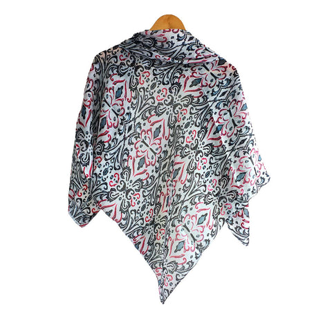 India Scarves Floral Paisley Print Silk Scarf, Light Weight Square Neck Wrap,  Border Pattern, 100x100 cm
