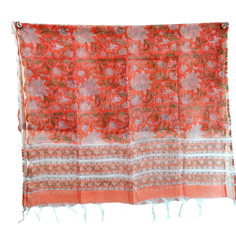 Kota Doria Cotton Silk Orange Floral Hand Block Printed Duptta
