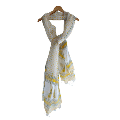 India Scarves Bagru Hand Block Floral kota Doriya silk cotton Dupatta(White)
