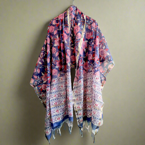 Chanderi Bagru Hand Block Printed Purple and Pink Floral Stole