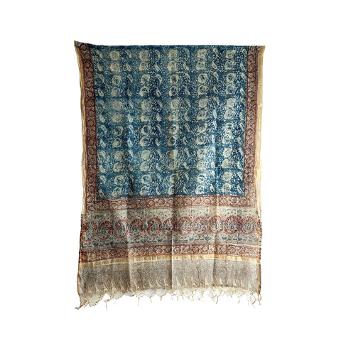 India Scarves Kota Doria Kalamkari Cotton Silk  Blue Colour Floral Dupatta